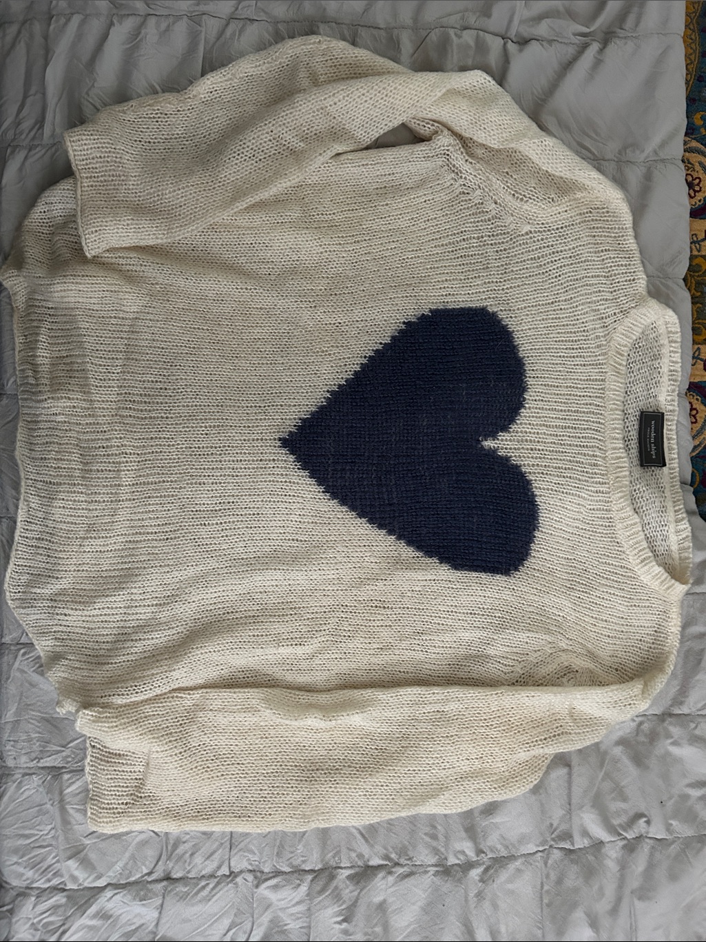 Blank Nyc Cream Sweater With Navy Heart Motif